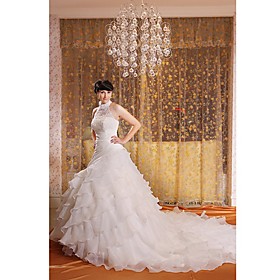 Ball Gown Halter Royal Length Train Satin Organza Designer Wedding Dress / Ball Gown Wedding Dress (WSM0347)