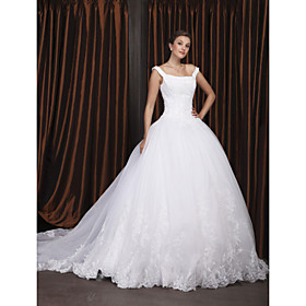 Ball gown style wedding dress off the shoulder.